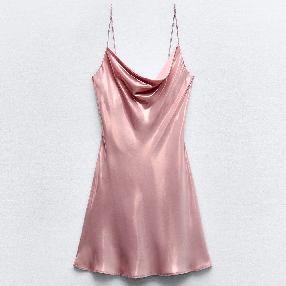 NEW NWT ZARA Rhinestone Foil Mini Dress Pink Rose Gold Metallic XS Crystal Strap